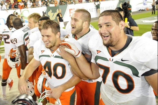 Jake Wieclaw Celebrates - 2011 Miami Hurricanes Football vs USF - By J.C. Ridley