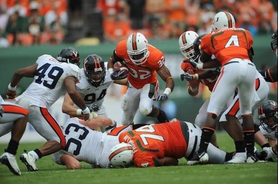 University of Miami Hurricanes running back Lee Chambers #32 plays in a game against the Virginia Cavaliers at Land Shark Stadium on November 7, 2009....