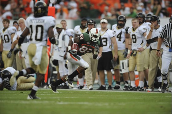 University of Miami Hurricanes wide receiver Sam Shields #83 caught 1 pass for 18 yards against the Deamon Deacons of Wake Forest at Dolphin Stadium...