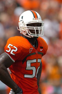 University of Miami linebacker Tavaris Gooden #52 had 6 solo tackles, 3 assist and 1 interception returned for 35 yards in a game against Marshall...