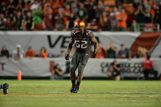 University of Miami Hurricanes linebacker Denzel Perryman #52 plays in a game against the Florida State Seminoles at Sun Life Stadium on November 15,...