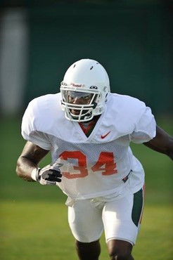 University of Miami Hurricanes players C.J. Holton #34 at Greentree practice fields training for the upcoming 2010 season. The practice was open for...