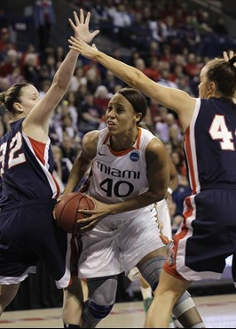 Miami's Shawnice Wilson (40) tries to move between Gonzaga's Kayla Standish, left, and Kelly Bowen in the first half of an NCAA tournament...