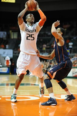 University of Miami Hurricanes guard, Garrius Adams #25 and the Canes play host to the Virginia Cavaliers at the BankUnited Center on February 5,...