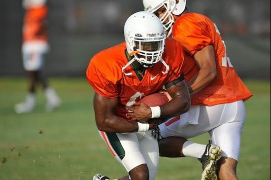 University of Miami Hurricanes players Graig Cooper #2 at Greentree practice fields training for the upcoming 2010 season. The practice was open for...