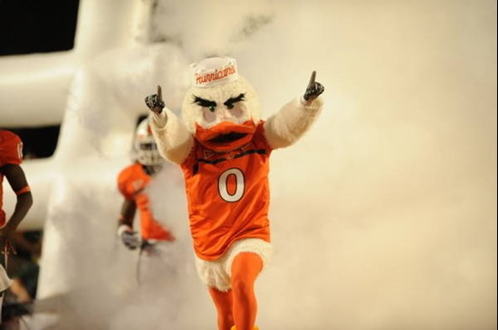 Sebastian the Ibis leads the Hurricanes onto the field in the first game of the season between the University of Miami Hurricanes and the Georgia Tech...