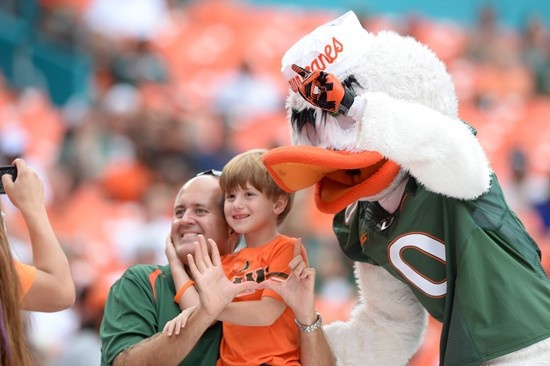 Sebastian the Ibis entertains the University of Miami Hurricane fans during a game against the Arkansas State Red Wolves at Sun Life Stadium on...