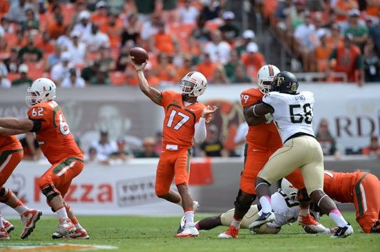 University of Miami Hurricanes quarterback Stephen Morris #17 plays in a game against the Wake Forest Demon Deacons at Sun Life Stadium on October 26,...