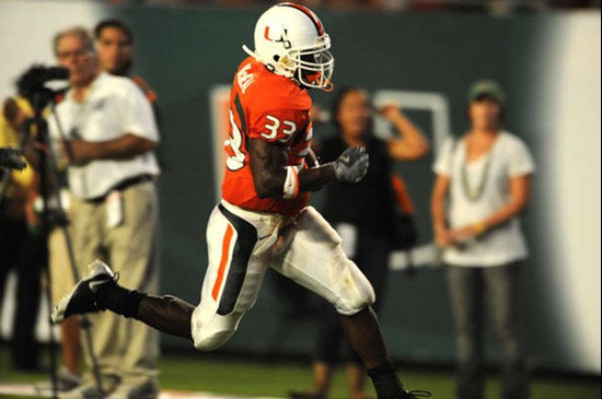University of Miami Hurricanes running back Shawnbrey McNeal #33 rushed 5 times for 45 yards and scored 1 touchdown in a game against Charleston...