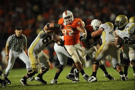 University of Miami Hurricanes defensive lineman Josh Holmes #92 plays in a game against the Georgia Tech Yellow Jackets at Land Shark Stadium on...