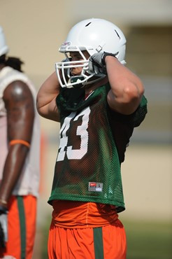 University of Miami cornerback, John Calhoun #43, in his first spring practice at Greentree Practice fields on March 5, 2011 on the University of...