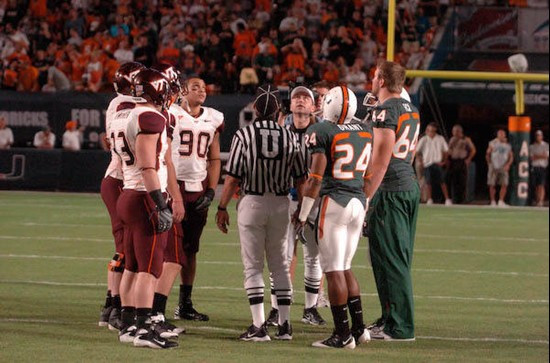 The coin toss. University of Miami vs. Virginia Tech at Dolphin Stadium on November 13, 2008.  Photo by Steven Murphy