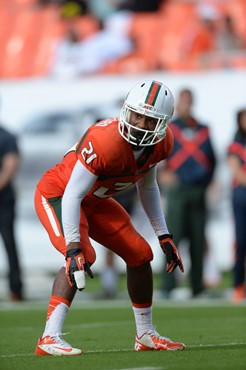 University of Miami Hurricanes defensive back Antonio Crawford #21 had 5 tackles in a game against the Virginia Cavaliers at Sun Life Stadium on...