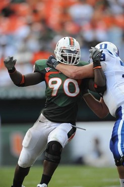 University of Miami Hurricanes defensive lineman Steven Wesley #90 plays in a game against the Duke Blue Devils at Land Shark Stadium on November 21,...