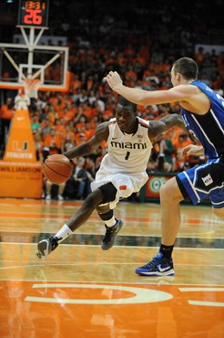 University of Miami Hurricanes guard, Durand Scott, #1, and the Canes play host to the Duke Blue Devils at the BankUnited Center on February 13, 2011....