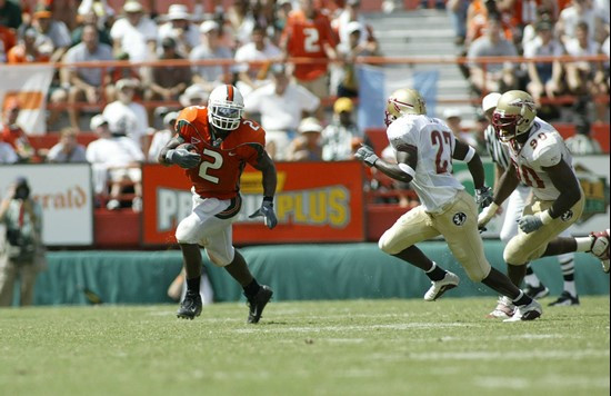 Willis McGahee finished with 95 yards rushing and 78 receiving in a 28-27 win at the Orange Bowl in 2002.