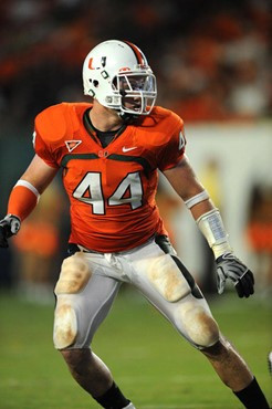 University of Miami Hurricanes linebacker Colin McCarthy #44 had 1 solo tackle and 1 assist in a game against Charleston Southern University in the...