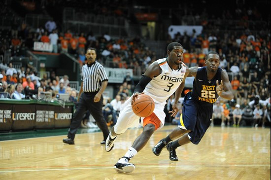 University of Miami Hurricanes guard, Malcolm Grant #3, plays host to 2010 NCAA Final Four participant West Virginia at the BankUnited Center on...