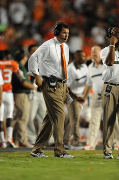 University of Miami Hurricanes head coach Al Golden calls in a play in a game against the Ohio State Buckeyes at Sun Life Stadium on September 17,...