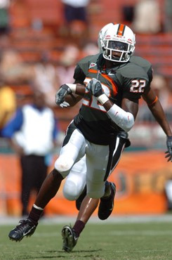 University of Miami cornerback Bruce Johnson #22 plays in a game against the Duke University Blue Devils at the Orange Bowl on September 29, 2007. ...