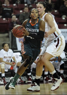 Miami's Shenise Johnson (42) drives past Boston College's Katie Zenevitch, right. (AP Photo/Gretchen Ertl)