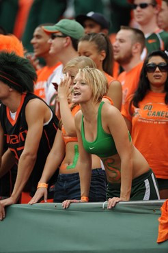 University of Miami Hurricane fans show their team spirit in a game against the Deamon Deacons of Wake Forest at Dolphin Stadium on October 25, 2008. ...