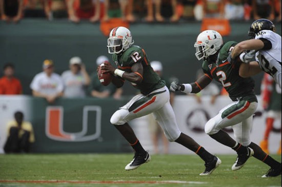 University of Miami Hurricanes quarterback Jacory Harris #12 plays in a game against the Deamon Deacons of Wake Forest at Dolphin Stadium on October...