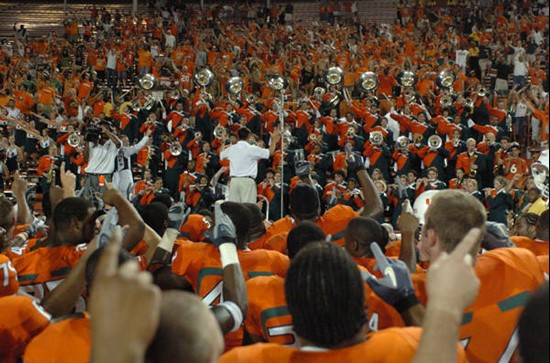 University of Miami Hurricanes head coach Randy Shannon and the team thank students at the end of each game by singing the schools Alma Mater with...