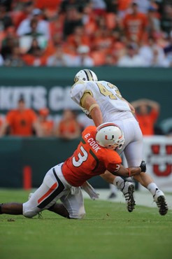 University of Miami Hurricanes linebacker Glenn Cook #3 lead the teams with 7 solo tackles and 3 assist in a game against the University of Central...
