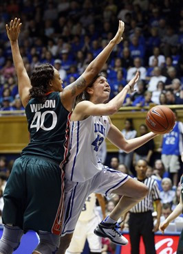Duke's Allison Vernerey (43) drives for a basket as Miami's Shawnice Wilson (40) defends during the first half. (AP Photo/Gerry Broome)