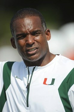 University of Miami Hurricanes head coach Randy Shannon leads his team in drills at Greentree Practice Field on August 13 to prepare for the upcoming...