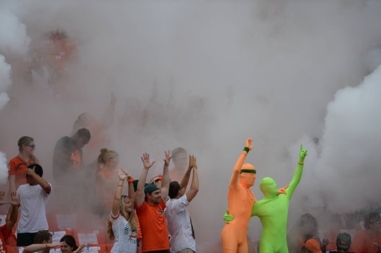A University of Miami Hurricanes fan shows his team spirit in a game against the Arkansas State Red Wolves at Sun Life Stadium on September13, 2014. ...