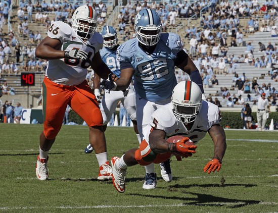 Miami's Mike James (5) dives in for a touchdown against North Carolina. (AP Photo/Gerry Broome)