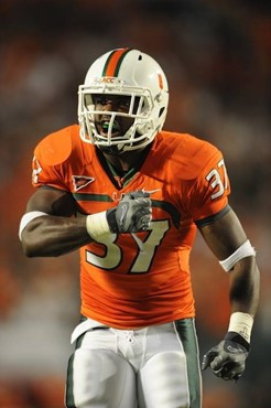 University of Miami Hurricanes defensive back Jared Campbell #37 plays in a game against the Oklahoma Sooners at Land Shark Stadium on October 3,...