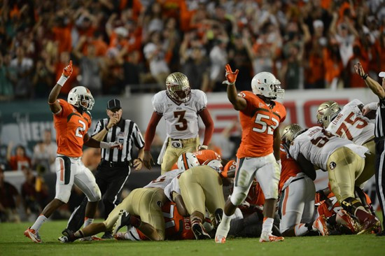 University of Miami Hurricanes linebacker Denzel Perryman #52 plays in a game against the Florida State Seminoles at Sun Life Stadium on October 20,...