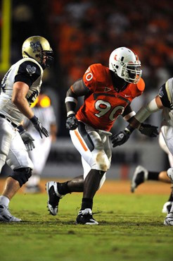 University of Miami Hurricanes defensive lineman, Steven Wesley #90, rushes in a game against Charleston Southern University in the Canes inaugural...
