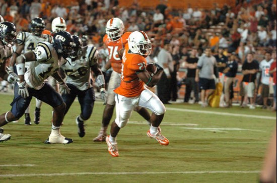 University of Miami Hurricanes running back Derron Thomas #21 rushed 2 times for 27 yards against the Florida International University Golden Panthers...