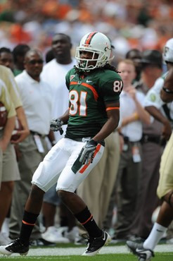 University of Miami Hurricanes wide receiver Davon Johnson #81 plays in a game against the Deamon Deacons of Wake Forest at Dolphin Stadium on October...