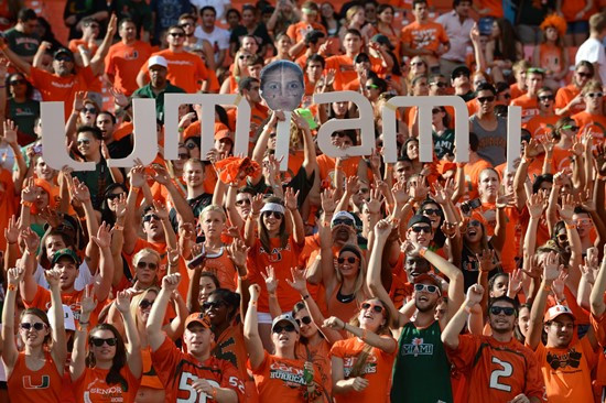 A University of Miami Hurricanes fan shows his team spirit in a game against the University of South Florida Bulls at Sun Life Stadium on November 17,...