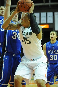 University of Miami Hurricanes forward-center, Julian Gamble #45 and the Canes play host to the Duke Blue Devils at the BankUnited Center on February...