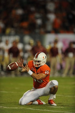 University of Miami Hurricanes quarterback Spencer Whipple #16 plays in a game against the Florida State Seminoles at Sun Life Stadium on October 9,...