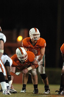 University of Miami quarterback Kyle Wright #3 gets set to take a snap in a game against the Virginia Cavaliers at the Orange Bowl on November 10,...