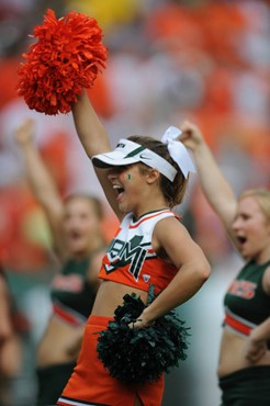 A University of Miami Hurricane cheerleader performs for fans in a game against the Deamon Deacons of Wake Forest at Dolphin Stadium on October 25,...