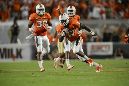 University of Miami Hurricanes defensive back Ladarius Gunter #37 plays in a game against the Florida State Seminoles at Sun Life Stadium on October...