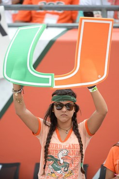 A University of Miami Hurricanes fan shows her team spirit in a game against the Arkansas State Red Wolves at Sun Life Stadium on September13, 2014. ...