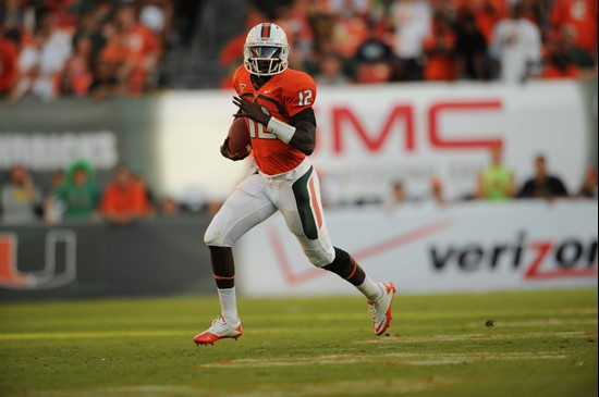 University of Miami Hurricanes quarterback Jacory Harris #12 plays in a game against the Georgia Tech Yellow Jackets at Sun Life Stadium on October...