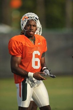 University of Miami Hurricanes players Lamar Miller #6 at Cobb Stadium training for the upcoming 2010 season. The practice was open for Season ticket...