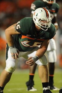 University of Miami Hurricanes offensive lineman Matt Pipho #65 plays in a game against the Floida A&M Rattlers at Land Shark Stadium on October 10,...