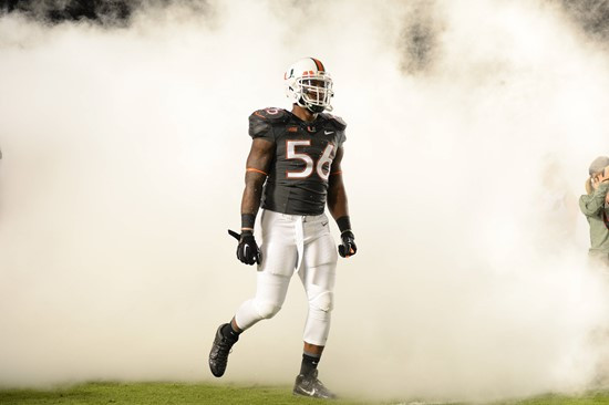 University of Miami Hurricanes linebacker Raphael Kirby #56 plays in a game against The Pittsburgh Panthers at Sun Life Stadium on November 29, 2014. ...