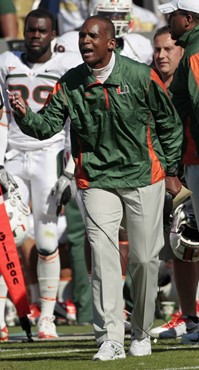 Miami head coach Randy Shannon complains to an official during an NCAA college football game against the Georgia Tech Saturday, Nov. 13, 2010 in...